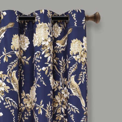 Navy and Taupe Floral Blackout Grommet Curtain Panels for Kids