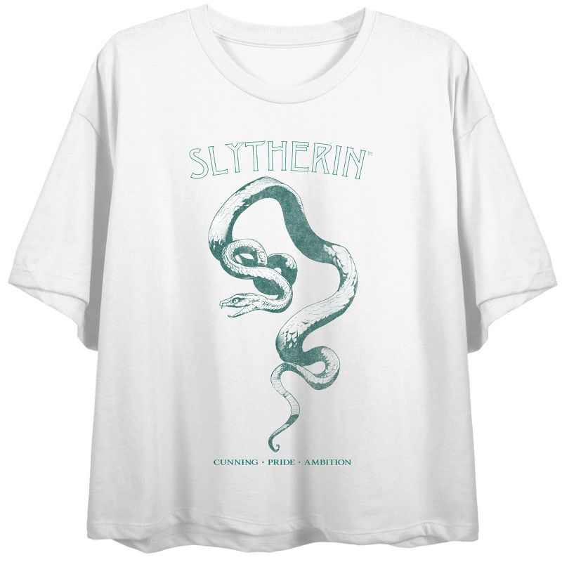 Harry Potter Slytherin Traits Juniors White Boyfriend Crop T-shirt, 1 of 2