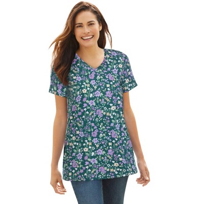 Woman Within Plus Size Perfect Printed Short-Sleeve V-Neck Tee