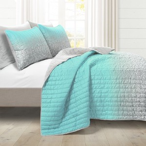 Lush Decor Glitter Ombre Metallic Print Machine-Washable Quilt Aqua/Gray 3Pc Set Twin - 1 of 3