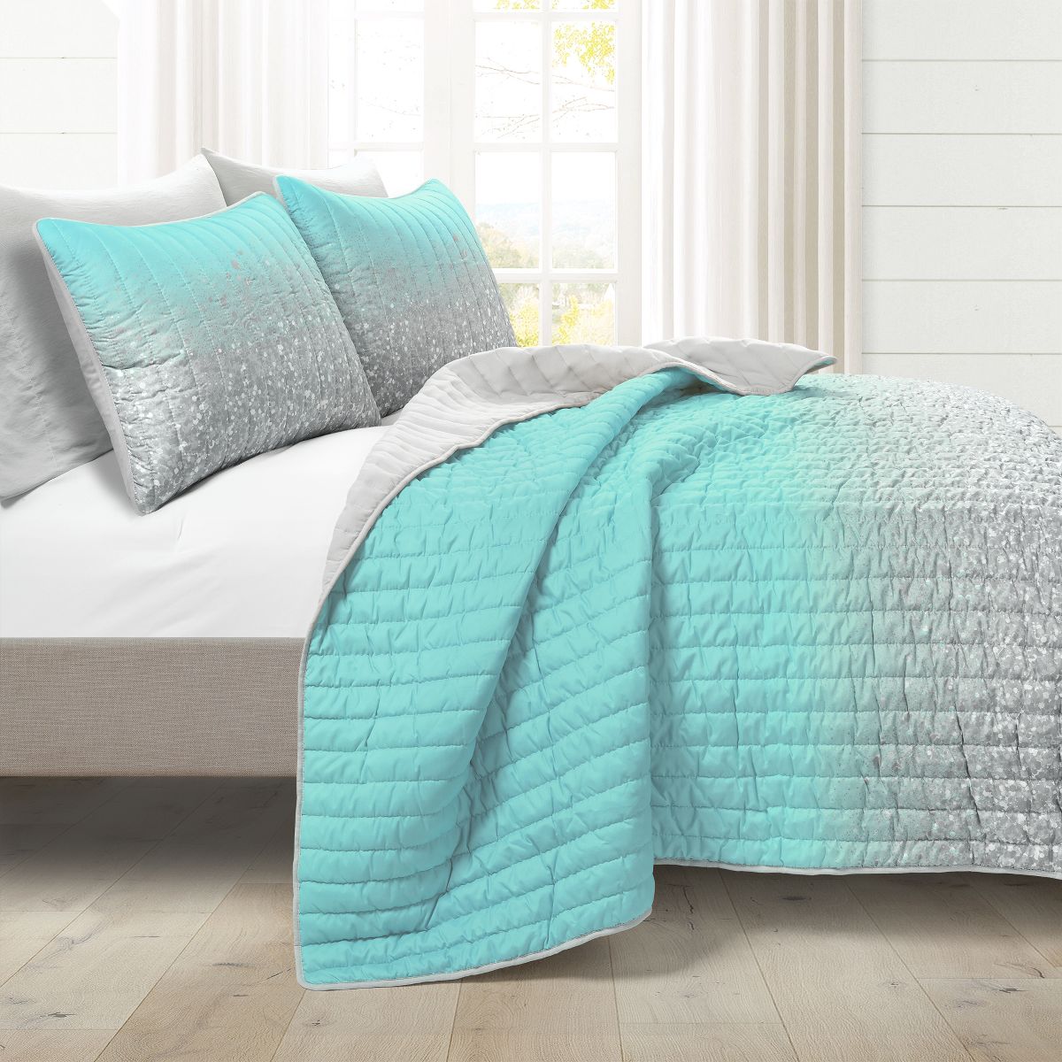 Lush Decor Glitter Ombre Metallic Print Machine-Washable Quilt Aqua/Gray 3Pc Set Twin