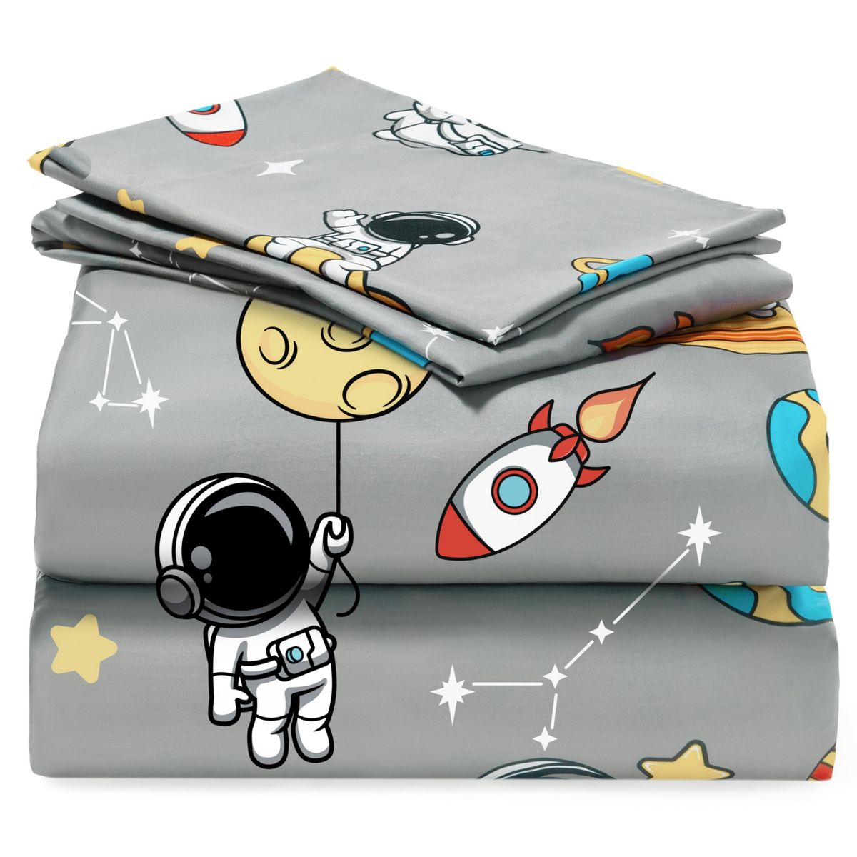 Joyfy Kids Sheet Set Gray Astronaut Sheet Set Soft Microfiber Deep Pocket Wrinkle Cozy Toddler Bedding Set, Free Bedding for Boys Girls