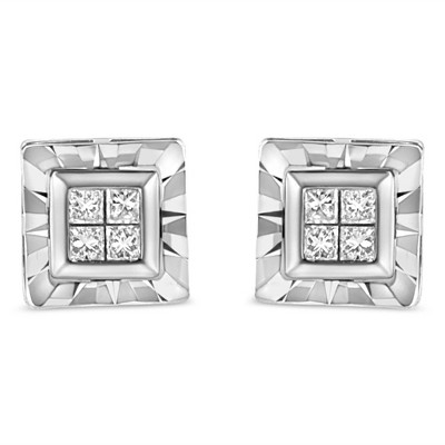 Haus of Brilliance Silver 1/6 Ctw Invisible Set Princess-Cut Diamond Quad Composite Stud Earrings