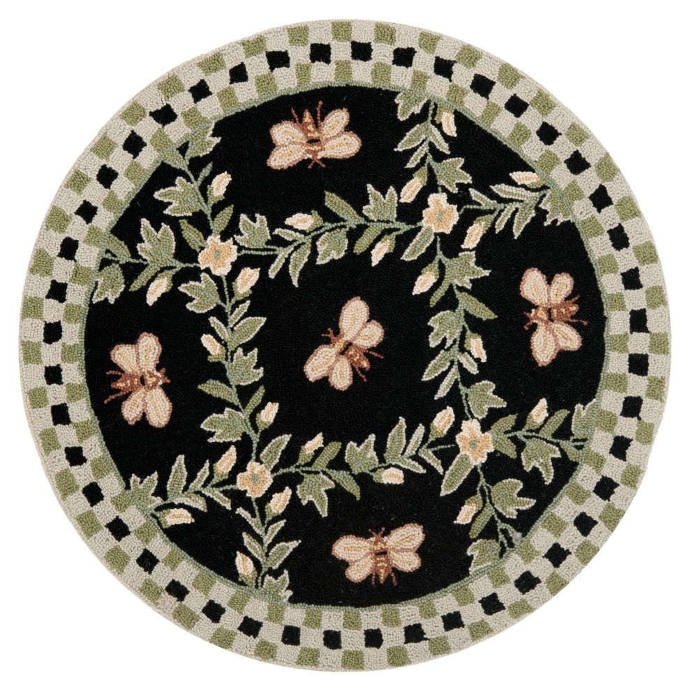 4' Round Floral Hooked Area Rug Black - Safavieh