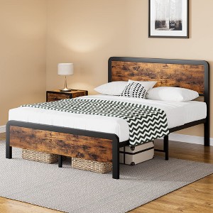 Queen Bed Frame with Headboard, Rustic Vintage Wood & Metal Queen Size, Heavy Duty 1000LB Capacity, No Box Spring Needed, Under-Bed Storage - 1 of 4