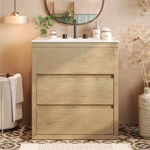 Lyngins Modern 30" Freestanding Vanity Cabinets, Natural Wood Grain Bathroom Vanity with Ceramic Sink & 2 Full-Extension Drawers - 1 of 4