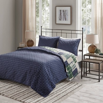 King Green and Navy Reversible Microfiber Quilt Set