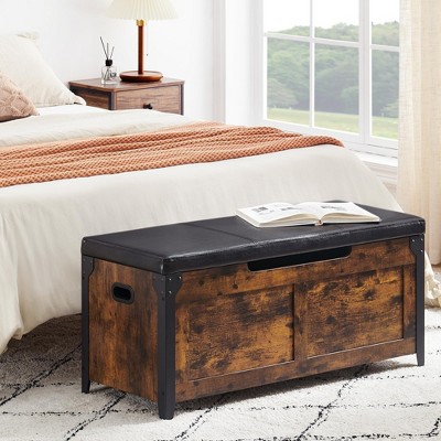 Chest 100 cm, Bench with Storage Space, Wooden Storage Chest with 2 Safety Hinges, Shoe Bench