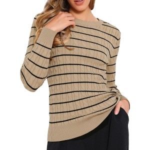 INSPIRE CHIC Women's Striped Round Neck Hollow Long Sleeve Regular Fit Casual Fall Winter Trendy Sweater - 1 of 4