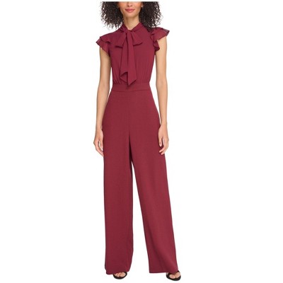 Vince Camuto Womens Chiffon Ruffle Sleeve Tie Neck Jumpsuit