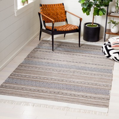 Black and Beige Striped Kilim Handwoven Wool Rug