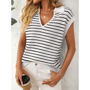 Women's V-Neck Sleeveless Knit Top Striped Collared Sweater for Casual Style - 1 of 4