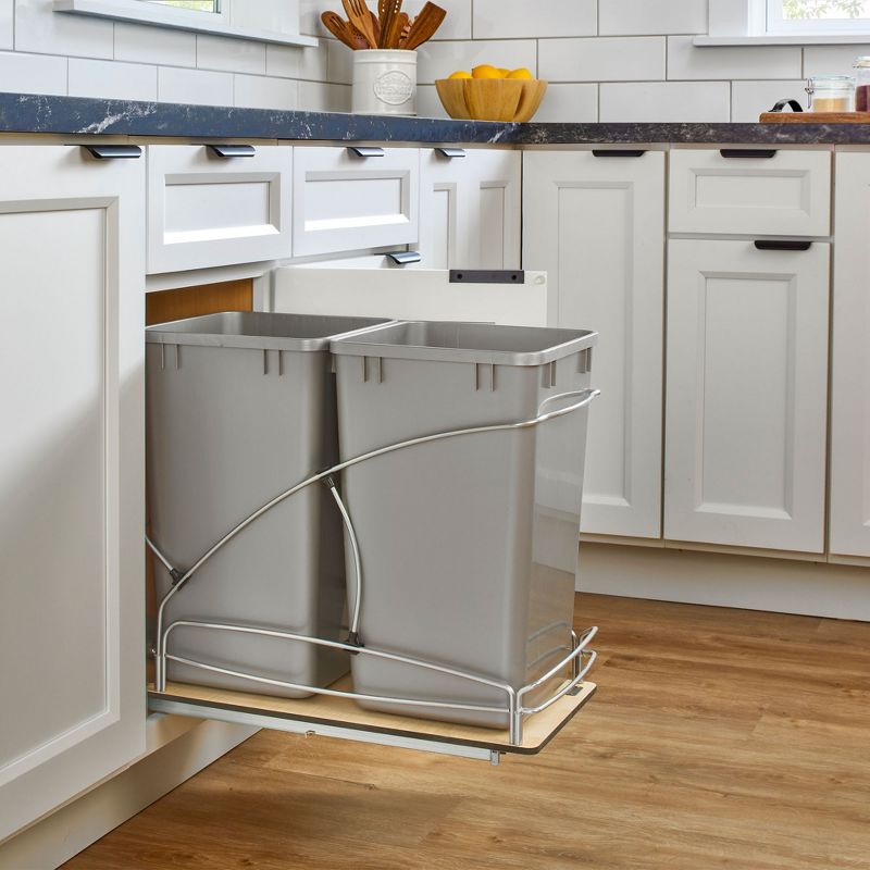 Rev-A-Shelf Steel Bottom Mount Double 27 Quart 6.75 Gallon Waste Bin Trash Container for Under Kitchen Cabinet with Soft Close, Gray, 54WC-1527SC-17-1, 2 of 7
