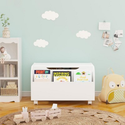 Kids Toy Box Chest Bench With Front Bookshelf Flip-Top Lid Safety Hinge Wooden Toy Storage Organizer