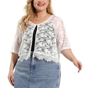Agnes Orinda Women's Plus Size Round Neck Sheer 3/4 Sleeve Lace Elegant Cardigans - 1 of 4