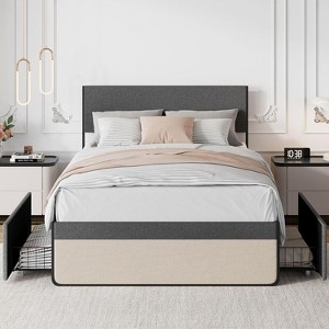 Full Bed Frame, Linen Upholstered Platform, Headboard and 2 Storage Drawers, Strong Metal Slats, Noise Free Mattress, No Box Spring Needed, Grey - 1 of 4