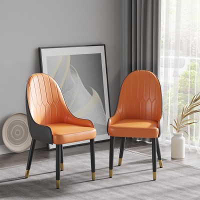 WJSHome Dining Chairs Set of 4 Kitchen Mid-Century Modern Chairs with Metal Legs and PU Leather Cushion for Living Room, Orange & Brown