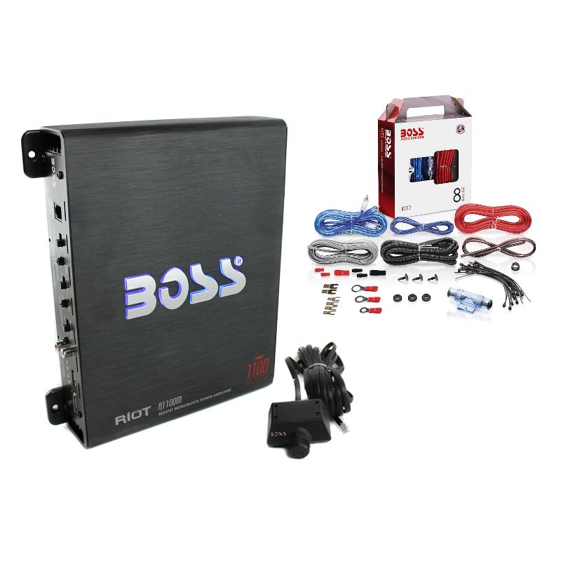 Boss Riot 1100 Watt Monoblock Class A/B Car Audio Amplifier and Remote Bundle with 8 Gauge Complete Car Amplifier Installation Wiring Kit, 1 of 7