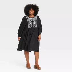 Women's Plus Size Long Sleeve Embroidered Babydoll Dress - Knox Rose™ Black 2X