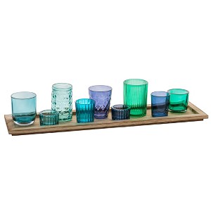 Storied Home Wood Tray with 9 Blue & Green Glass Votive Holders (Set of 10 Pieces) - 1 of 4