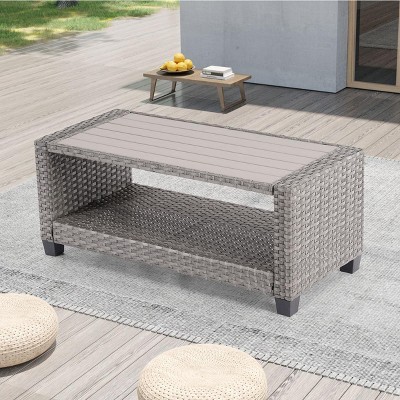 Sonkuki Patio Rectangle PE Rattan Coffee Table with HIPS Table Top