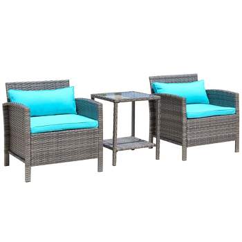Outsunny 3 Pcs Rattan Wicker Bistro Set with Soft Cushions, Outdoor Conversation Coffee Sets with Glass Table Top and Open Storage Shelf for Patio, Backyard, Garden