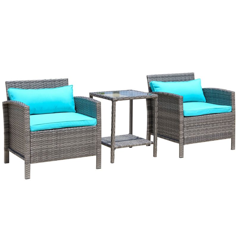 Outsunny 3 Pcs Rattan Wicker Bistro Set with Soft Cushions, Outdoor Conversation Coffee Sets with Glass Table Top and Open Storage Shelf for Patio, Backyard, Garden, 1 of 8