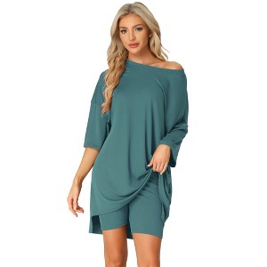 cheibear Women's Knit Loose Fit T-Shirt with Biker Shorts Lounge Sleepwear Pajama Sets - 1 of 4
