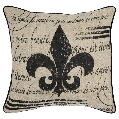 18"x18" Vintage Fleur De Lis Cotton & Jute Square Throw Pillow Beige/Black - Rizzy Home: Removable Cover, Indoor