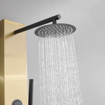 Gold and Black Stainless Steel Shower Panel System with Rainfall Showerhead