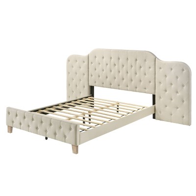 Beige Linen Upholstered Queen Bed with Tufted Headboard and Storage Drawer