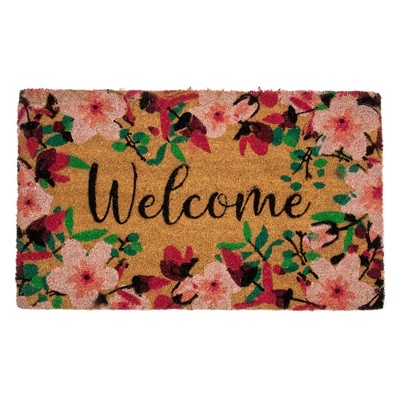 Hello Floral Natural/Pink Coir Outdoor Welcome Doormat, 18 x 30