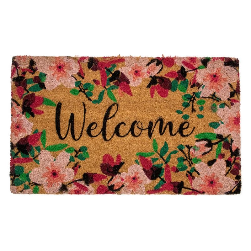 Northlight Natural Coir Blossoming Floral Outdoor Rectangular "Welcome" Doormat 18" x 30", 1 of 6