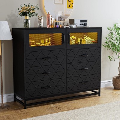 Dresser for Bedroom with LED Lights and Charging Station, 6 Drawer Double Dresser with 2 Shelves