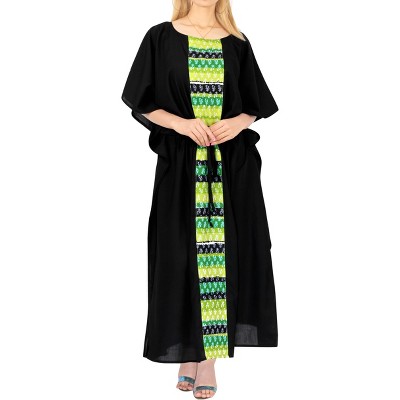 LA LEELA Women's House Daily Routine Evening Wear Vacation Casual Dailywear Holiday Loungewear Oversize Caftan Long Boho Sleepwear 2X-3X Black, Solid