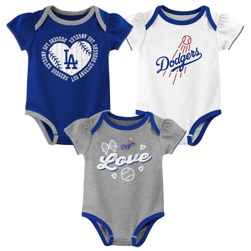 MLB Los Angeles Dodgers Infant Girls&#39; 3pk Bodysuit, 1 of 5