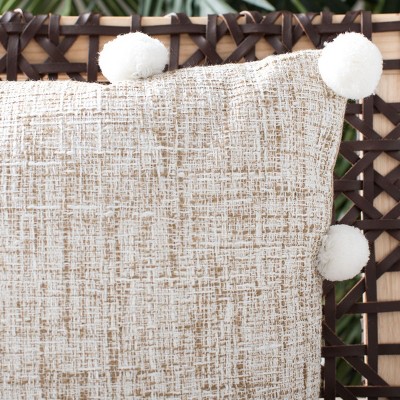 Temi Neutral Pom Pom Accented 19" Square Throw Pillow in Beige and White