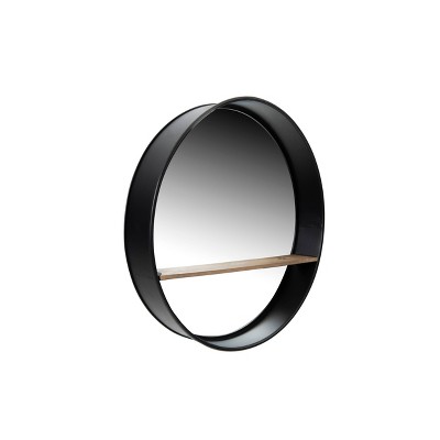 Contemporary Black Metal & Wood Round Wall Mirror with Shelf