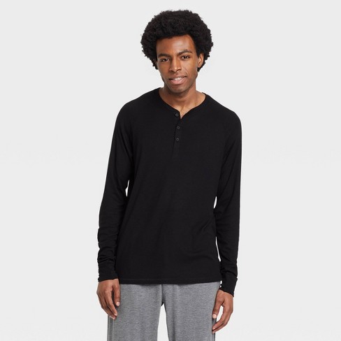 Men's Long Sleeve Jersey Henley Top in Black