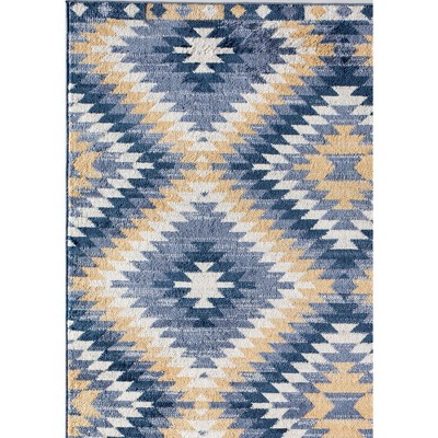 Soleil Geometric Kilim Denim Blue Round Area Rug, 8'9"x12'