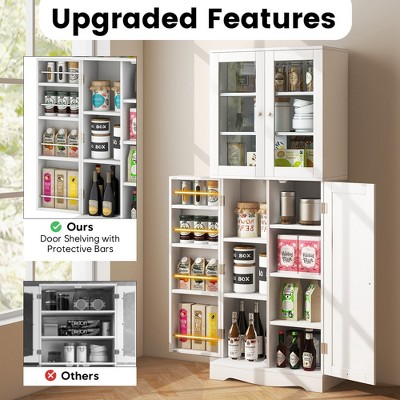 White Tall Kitchen Pantry Storage Cabinet with Glass Doors