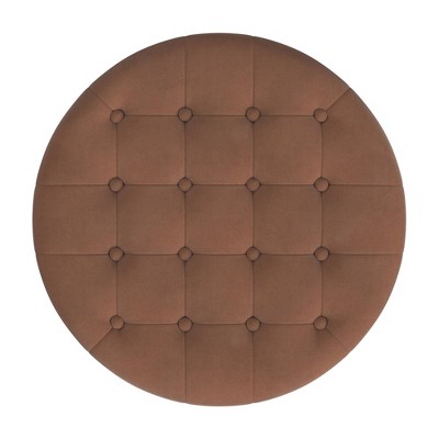 Spice Velvet Round Tufted Storage Ottoman with Oak Legs