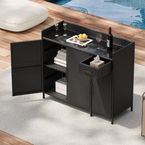 Wicker Outdoor Storage Cabinet,Table With Tempered Glass Tabletop And Drawer,Adjustable Shelf,Indoor Outdoor Bar Height Table-Coolbibila - 1 of 4