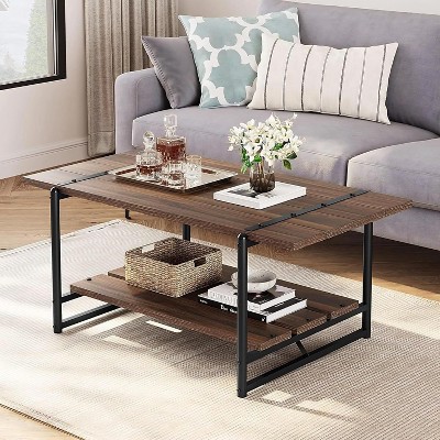 41" Farmhouse Coffee Table with Storage Shelf, 2 Tie Rectangle Center Table with Storage, Simple Office Cocktail Tea Table