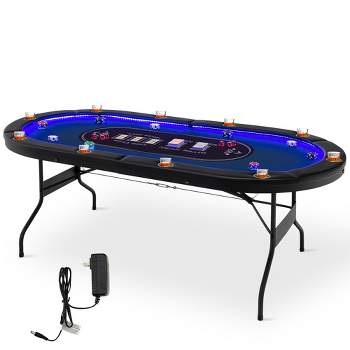 Costway Foldable 10 Player Poker Table Casino Texas Holdem W/ LED Lights USB Ports