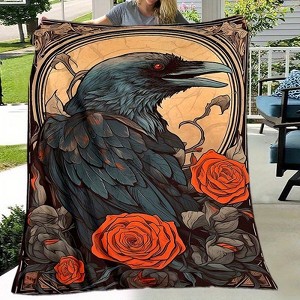 Lomsoe Crow and Roses Print Flannel Blanket - All Seasons Soft and Warm Throw Blanket for Bed, Napping, Camping, Travel, Office - 1 of 4