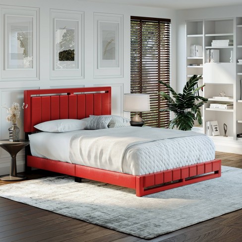 Queen Sloan Vertical Stitched, Red Faux Leather Bed Frame