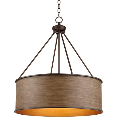 Franklin Iron Works Oil Rubbed Bronze Drum Pendant Chandelier 24 3/4" Wide Farmhouse Faux Wood Shade Fixture for Dining Room House