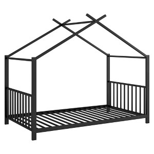 SEVOBAL Beds, Twin Size Metal House Platform Bed with Reinforced Frame for Children's Bedroom and Guest Room, Black, 76.57"*17.72"*2.95" - 1 of 4