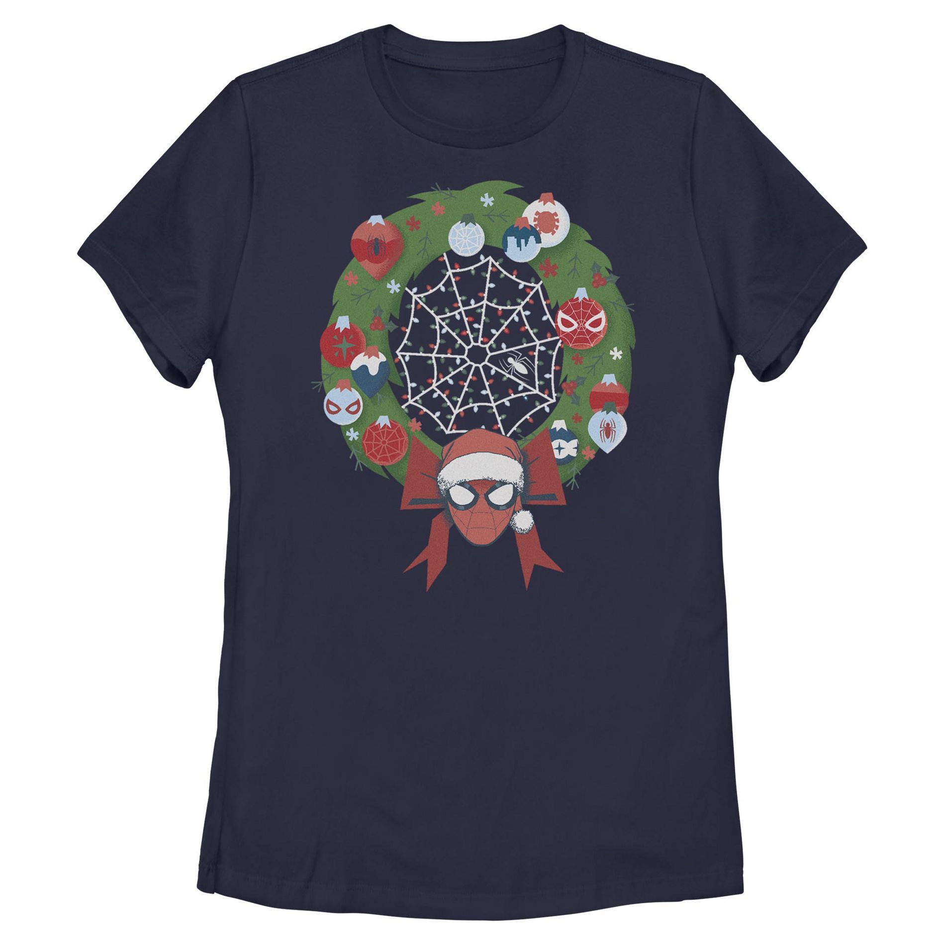 Womens Marvel Christmas Wreath Spidey Ornaments T Shirt - Navy Blue - Medium